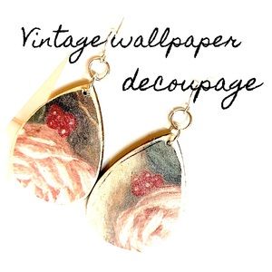 Cool boho chic repurposed vintage wallpaper on lightweight wood on s.p. ear wire